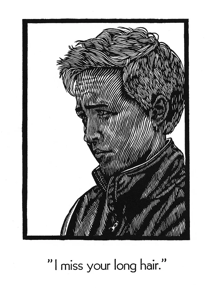 "I miss your long hair." - Letterpress printed linocut portrait