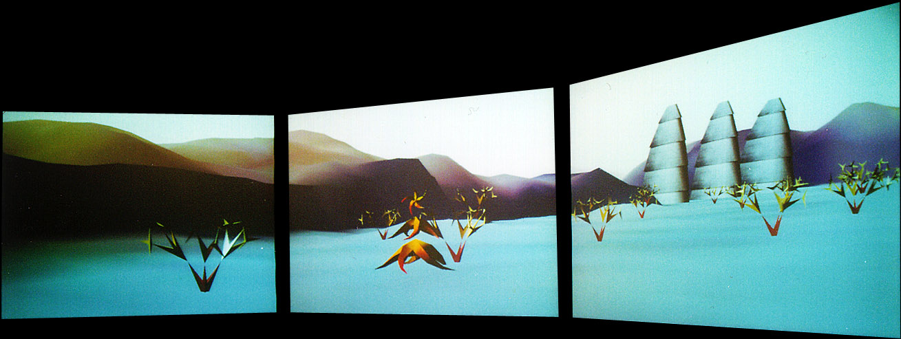 The Bush Soul (#2) is the first work to be created with the Emergence Engine, a PC-based, real-time 3D software system that supports an active, responsive, networked, virtual world. This engine was co-developed by me, with Loren McQuade, under the guidance of Rebecca Allen.