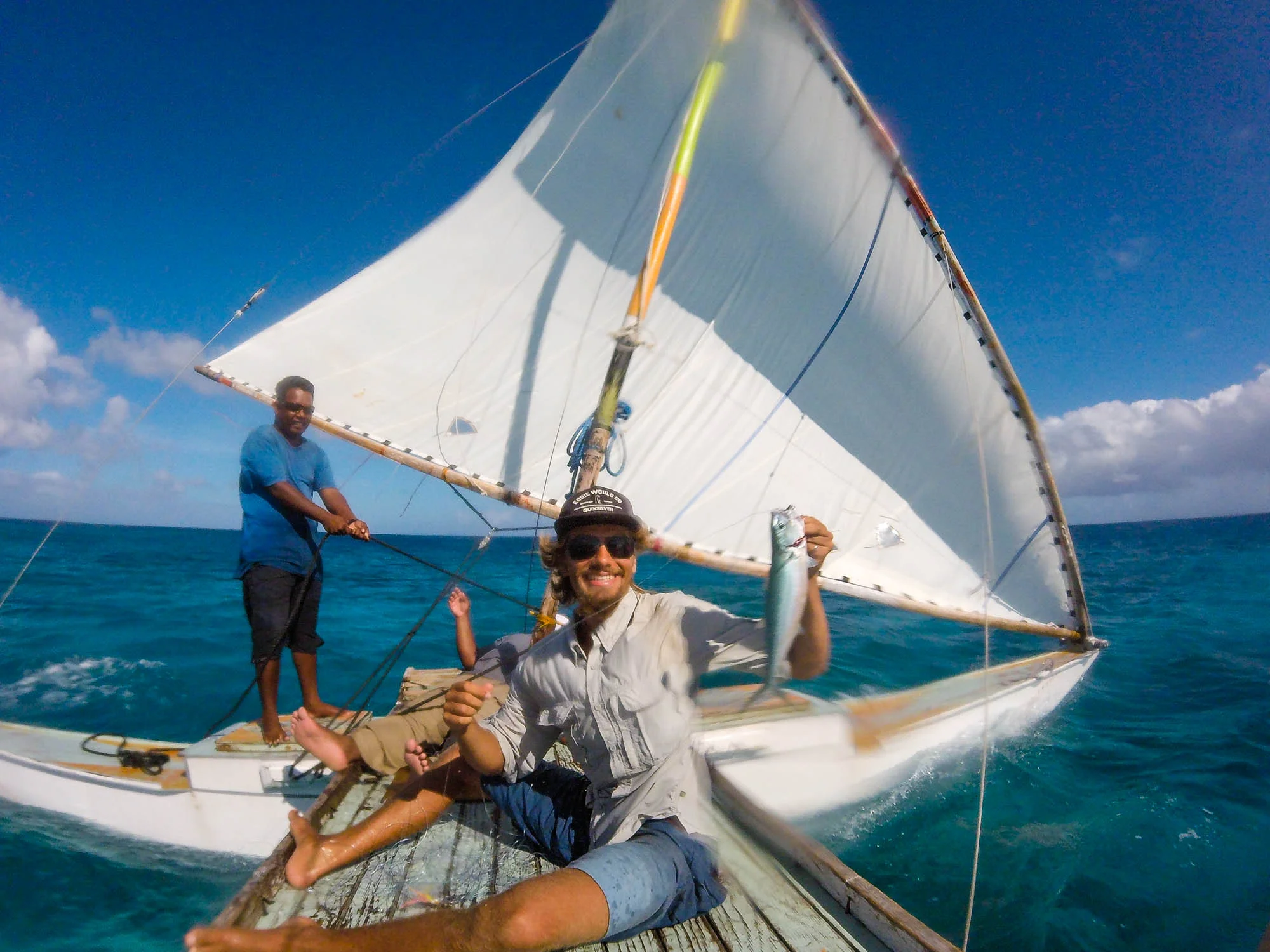  Fishing on a traditional Marshallese sailing canoe in the Marshall Islands. 