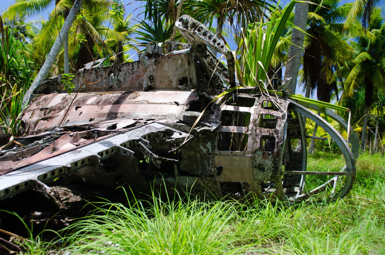 The wreckage of a Japanese Mitsubishi G4M, commonly known by its nickname the "Betty Bomber", on Taroa Island