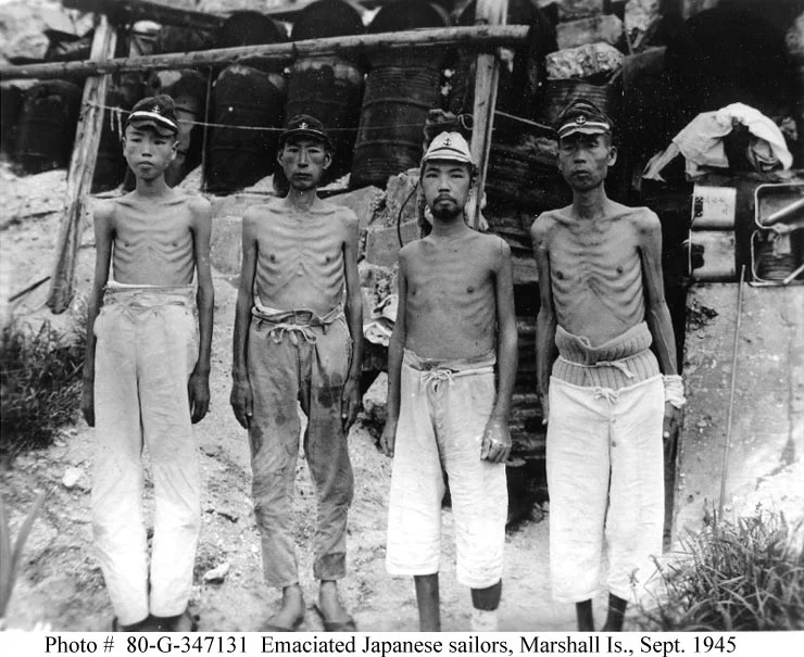 Emaciated Japanese sailors in the Marshall Islands after multiple years of Allied blockade and bombardment