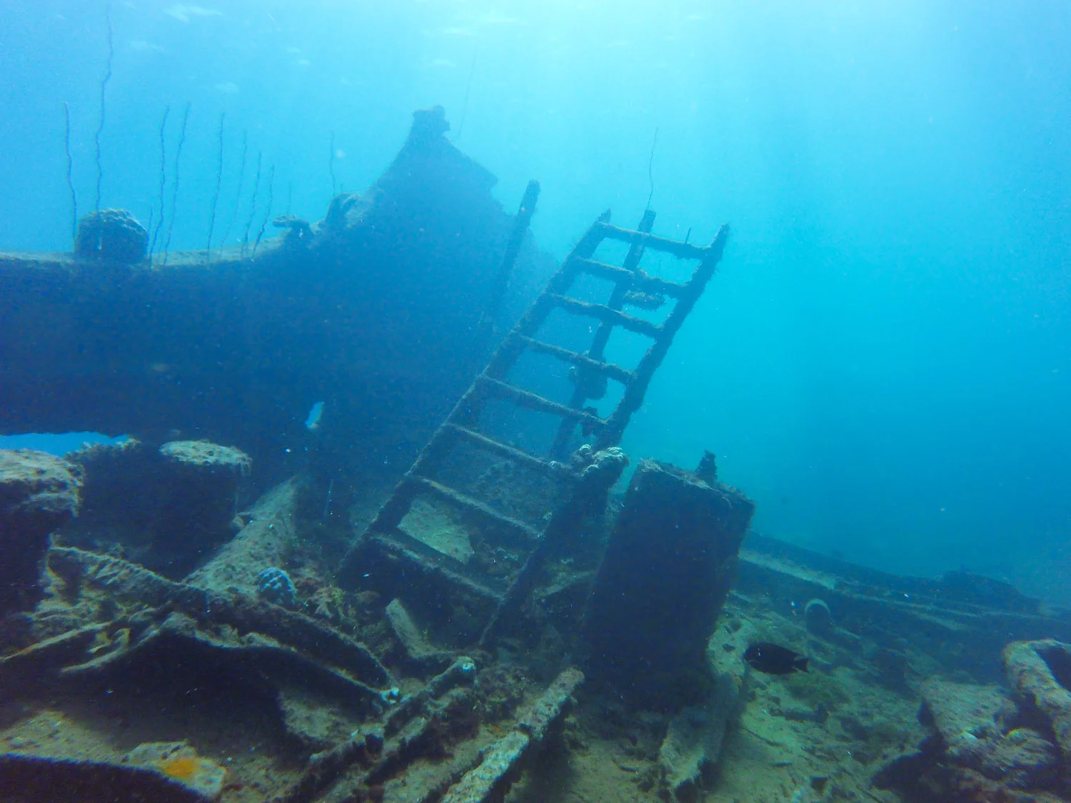 A staircase leading up to where the pilothouse once stood