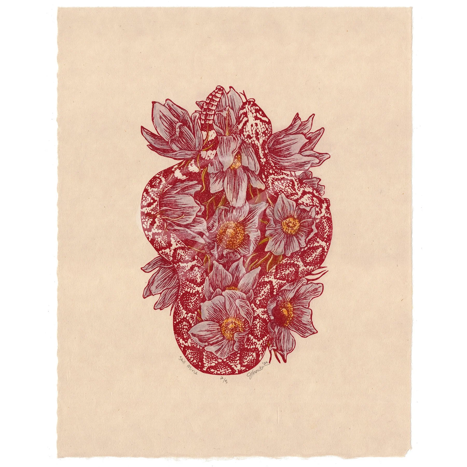 "Still Mine", 2024, linocut, pastel
