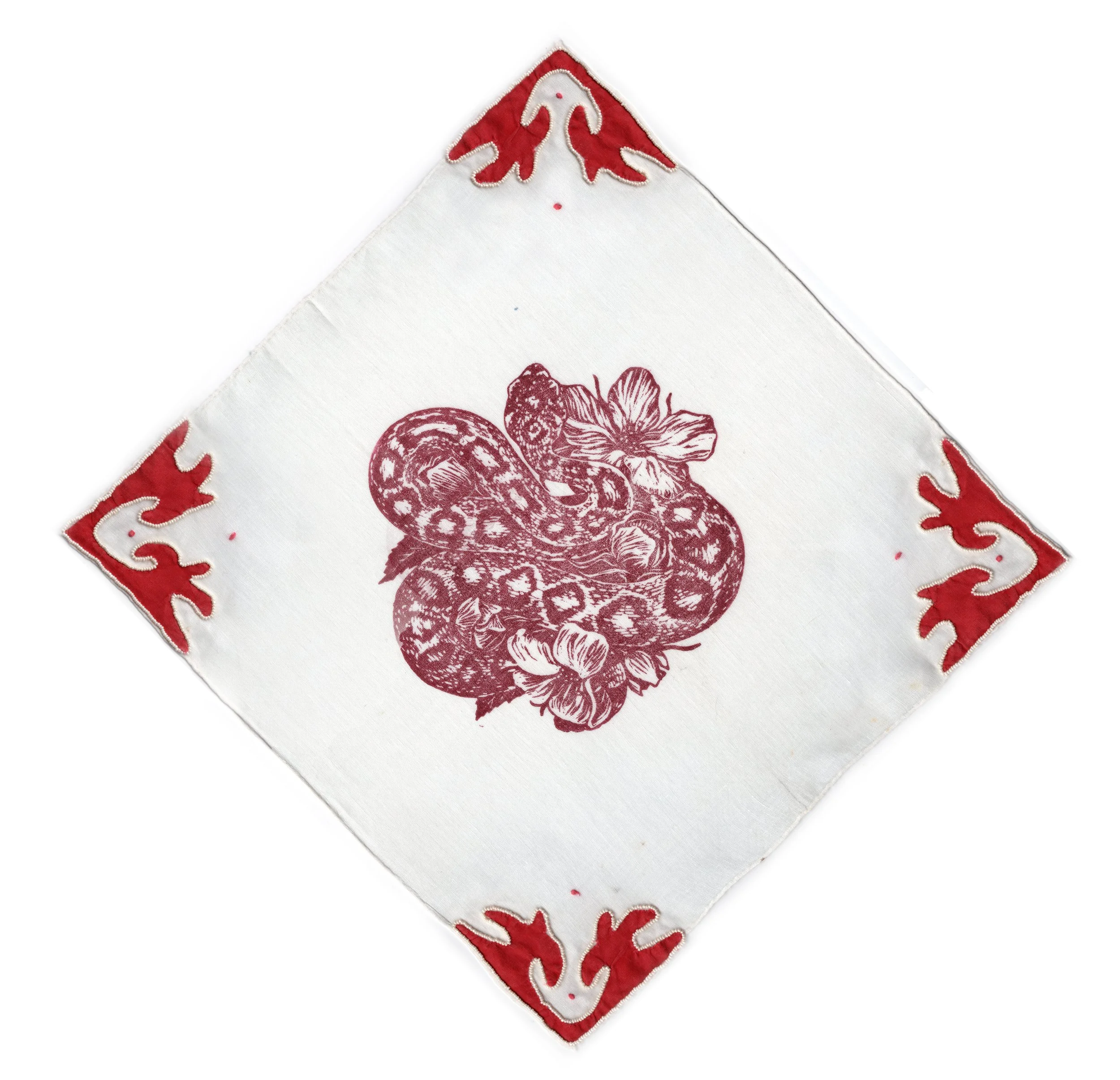 "Wedding Handkerchief II", 2026, linocut, embroidery, beading