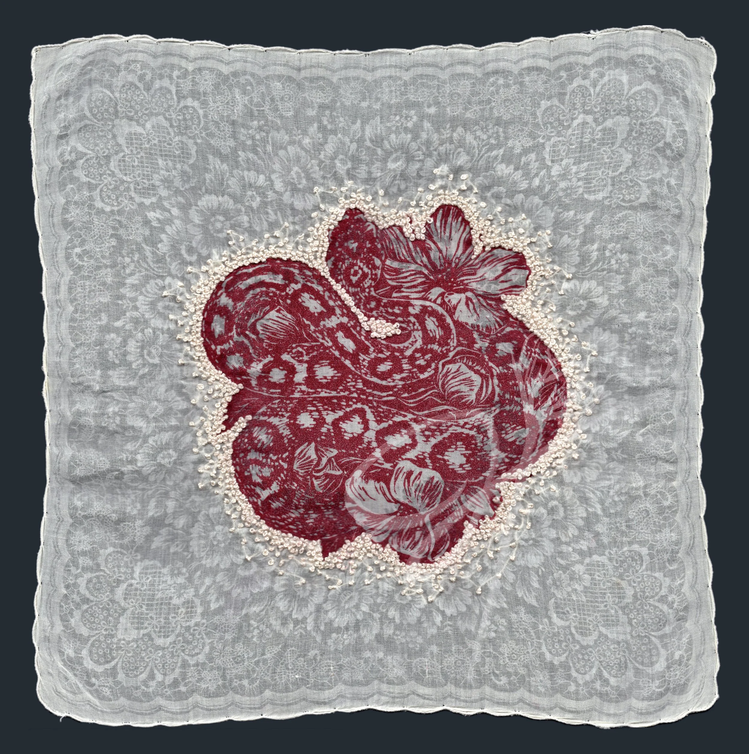 "Wedding Handkerchief I", 2025, linocut, embroidery
