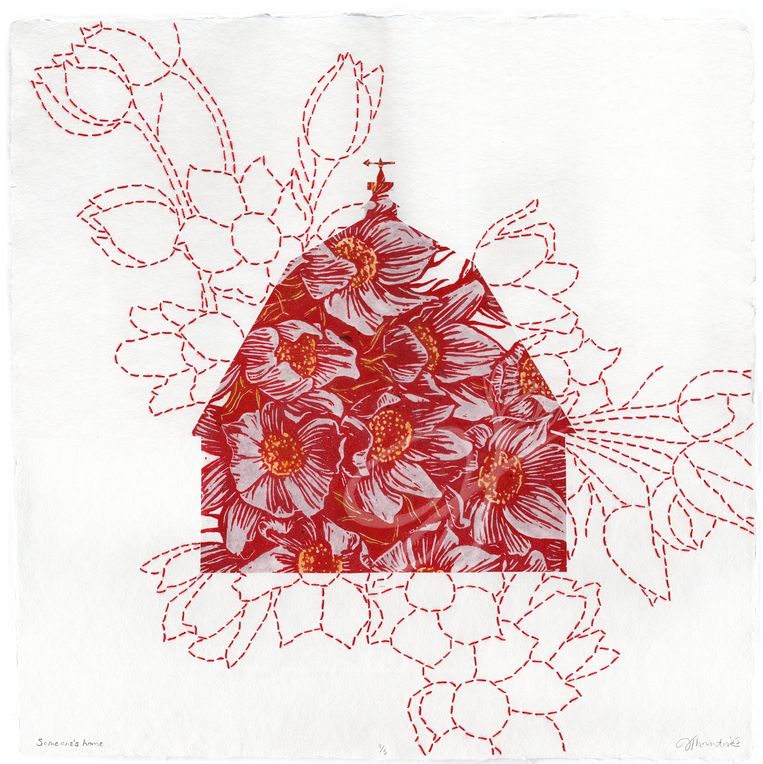 "Someone's Home", 2026, woodcut, stencil, chine colle, pastel, embroidery