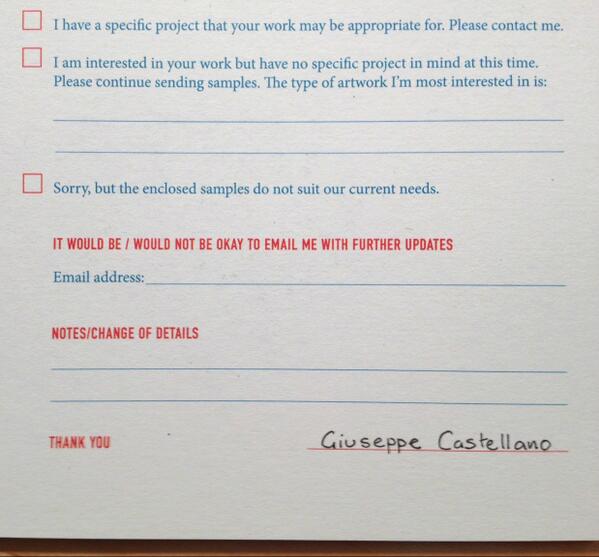 Clever! Once, an artist sent an illustrated card (with a nice note to me about #arttips ) and an “RSVP” card.