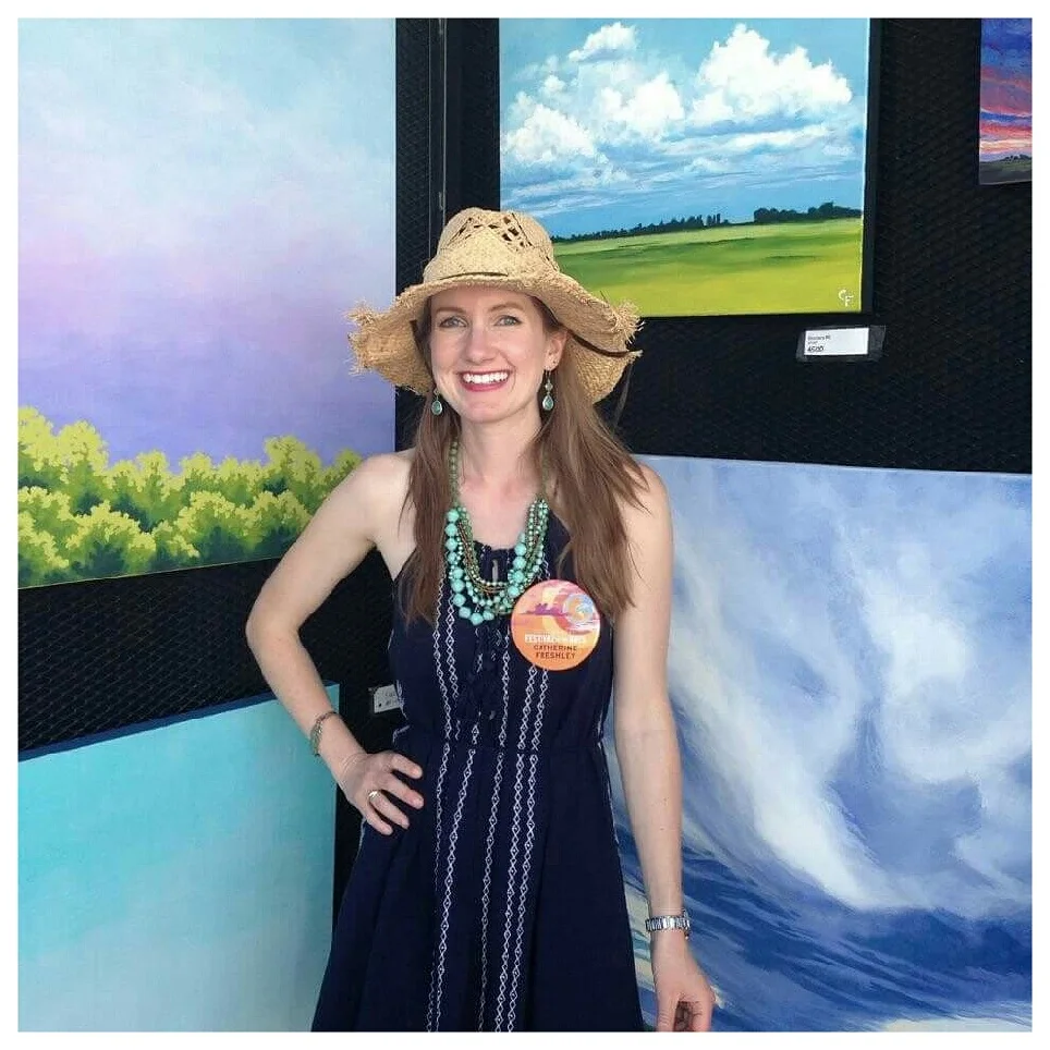 Catherine Freshley is a landscape painter living in small-town Oklahoma. From vast, clear skies to dramatic cloud formations, her paintings transport the viewer to a place that is familiar and comfortable. She has a degree in economics and English from Tulane University, worked for a New Orleans-based ad agency for seven years and now spends most of her time as an artist and some of her time consulting in brand and digital advertising strategy. Email: catherine@catherinefreshleyart.com Instagram: catherinefreshley Website: www.catherinefreshleyart.com