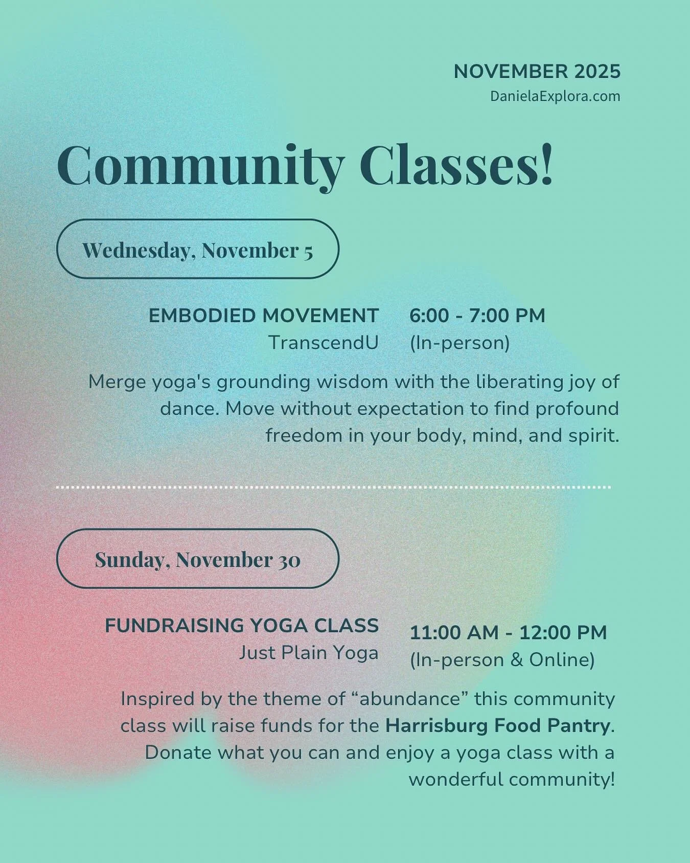 Two unique opportunities to move and connect with me this month! 

This Wednesday, November 5th at 6 PM, we will merge yoga and dance for a (free!) fun hour of joy and embodied movement. It&rsquo;s a great opportunity to try the new @transcendufitnes