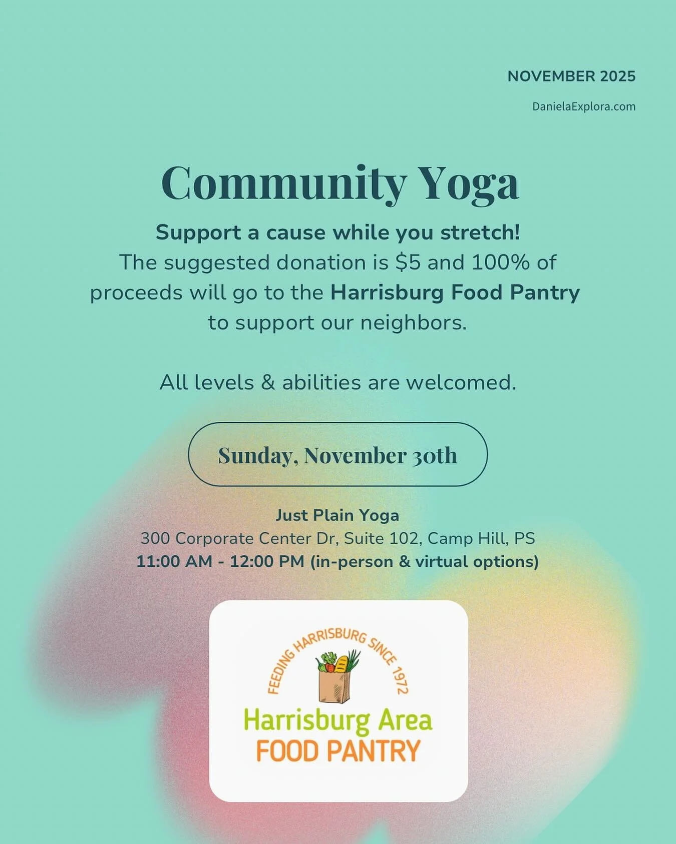 Looking for a feel-good way to move your body and support your community? Mark your calendars for November 30th at @justplainyoga and let&rsquo;s raise funds for the Harrisburg Food Pantry and support our neighbors. 

In person and virtual options ar