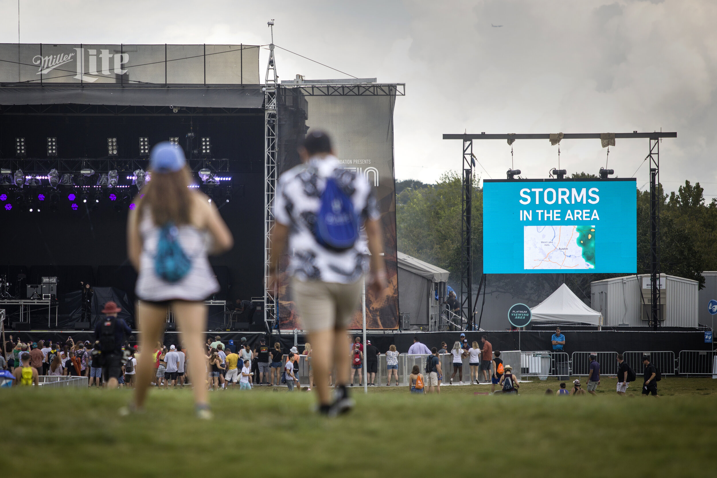  AUSTIN, TX. Crowds scatter during a storm watch at Music Festival 2018. 