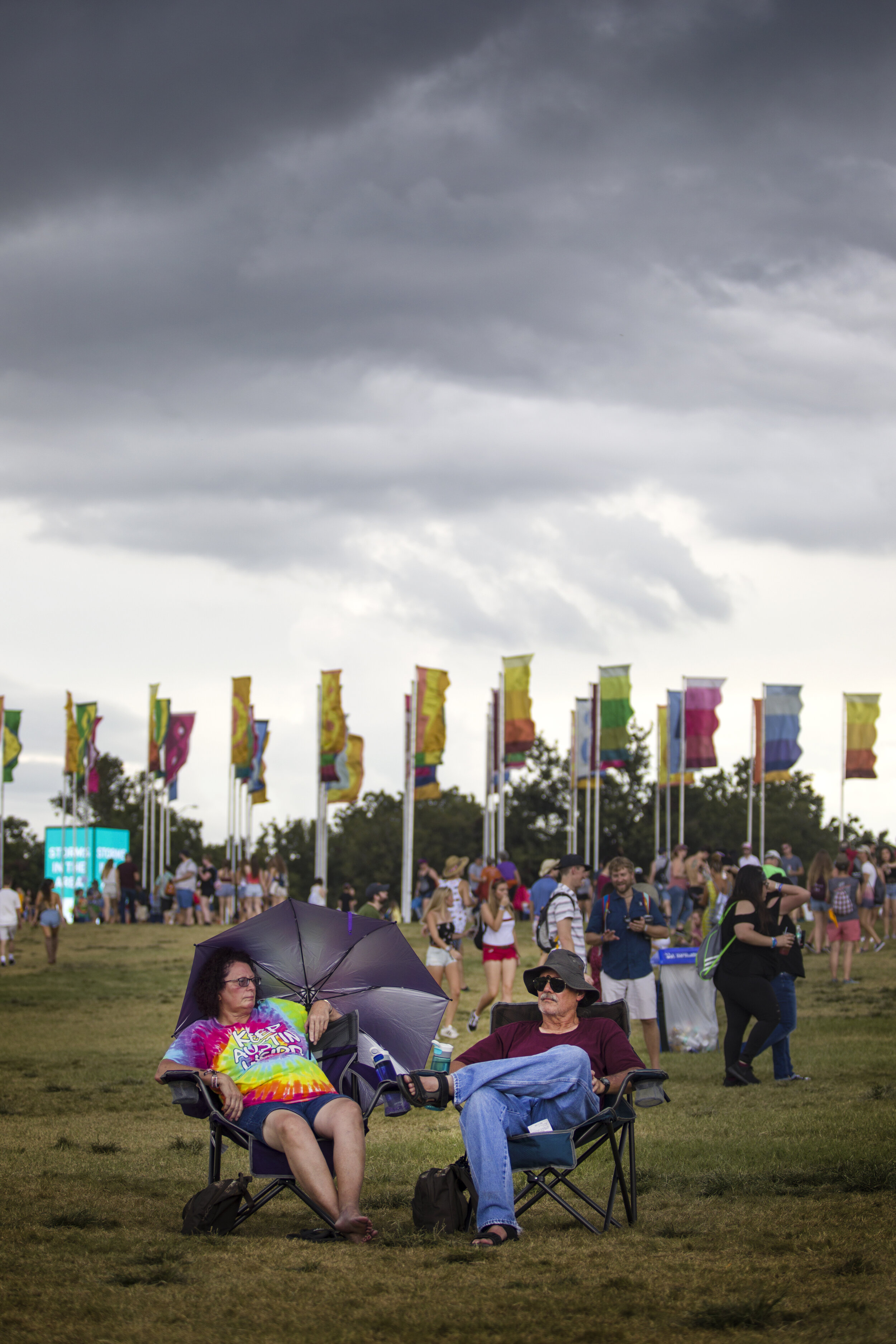  AUSTIN, TX. Some festival-goers stay put during a storm watch at ACL Music Festival 2018. 