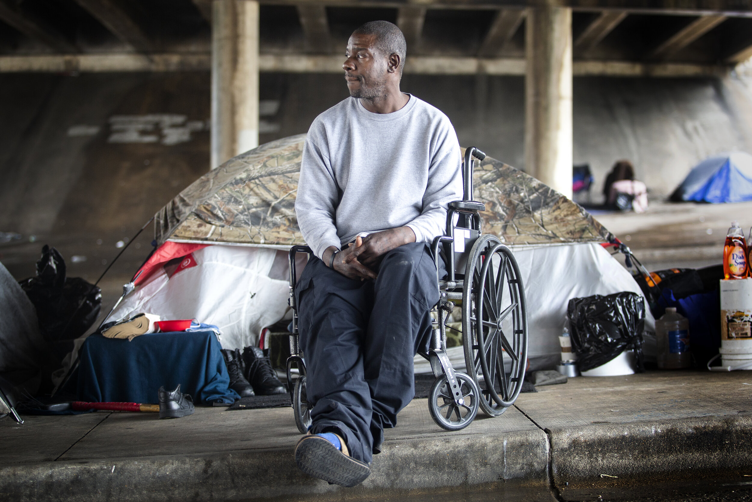  AUSTIN, TX. James Demond Pettway lives under the I-35 bridge. He and others experiencing homelessness are lacking shelters and resources during the coronavirus pandemic. 