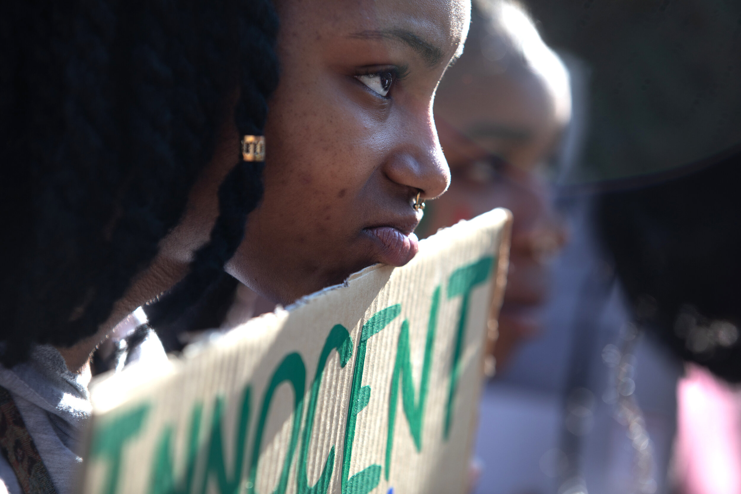  AUSTIN, TX. Jacory Wiltz listens at a rally to protest the execution of Rodney Reed at the Texas Governor's Mansion. 