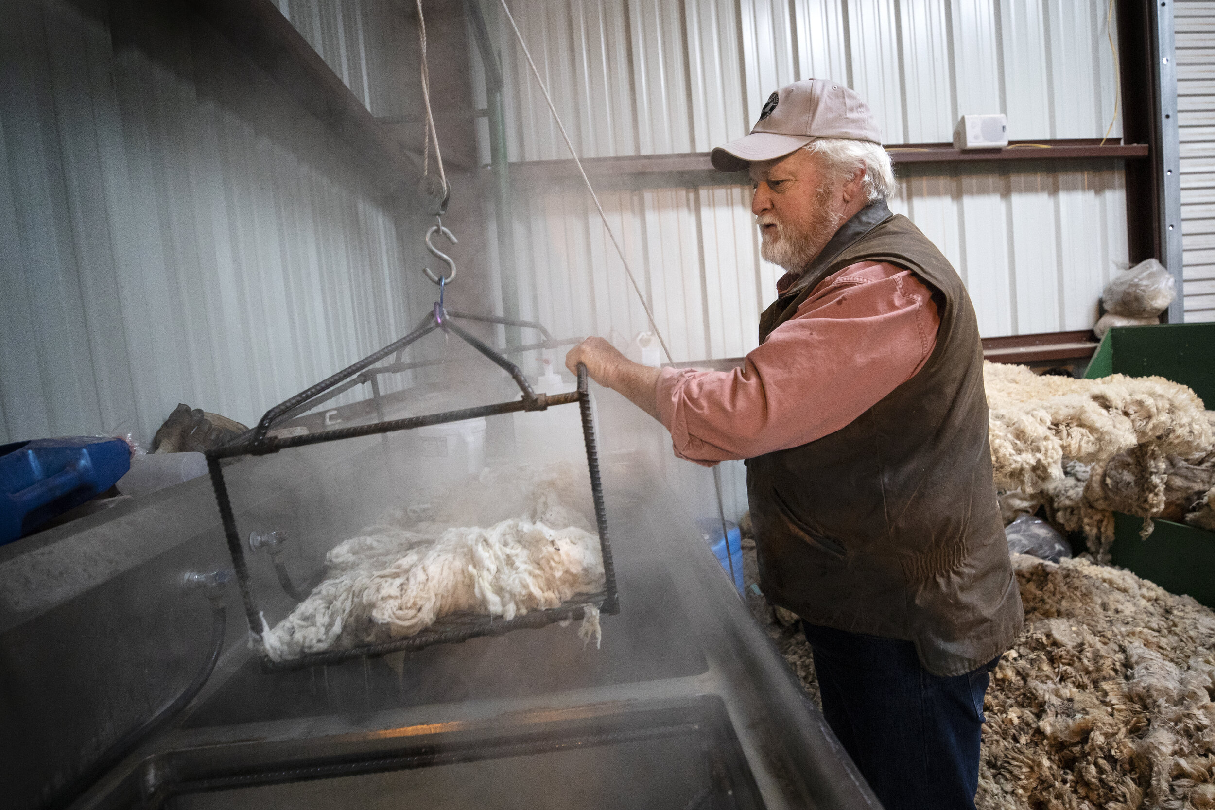  MARATHON, TX. Seth Warnock owns and operates Marathon Basin Wool Mill with his wife, Bonnie. They purchased machinery from the 1950s and taught themselves how to prepare and spin sheep wool, producing high quality wool for sale worldwide. 
