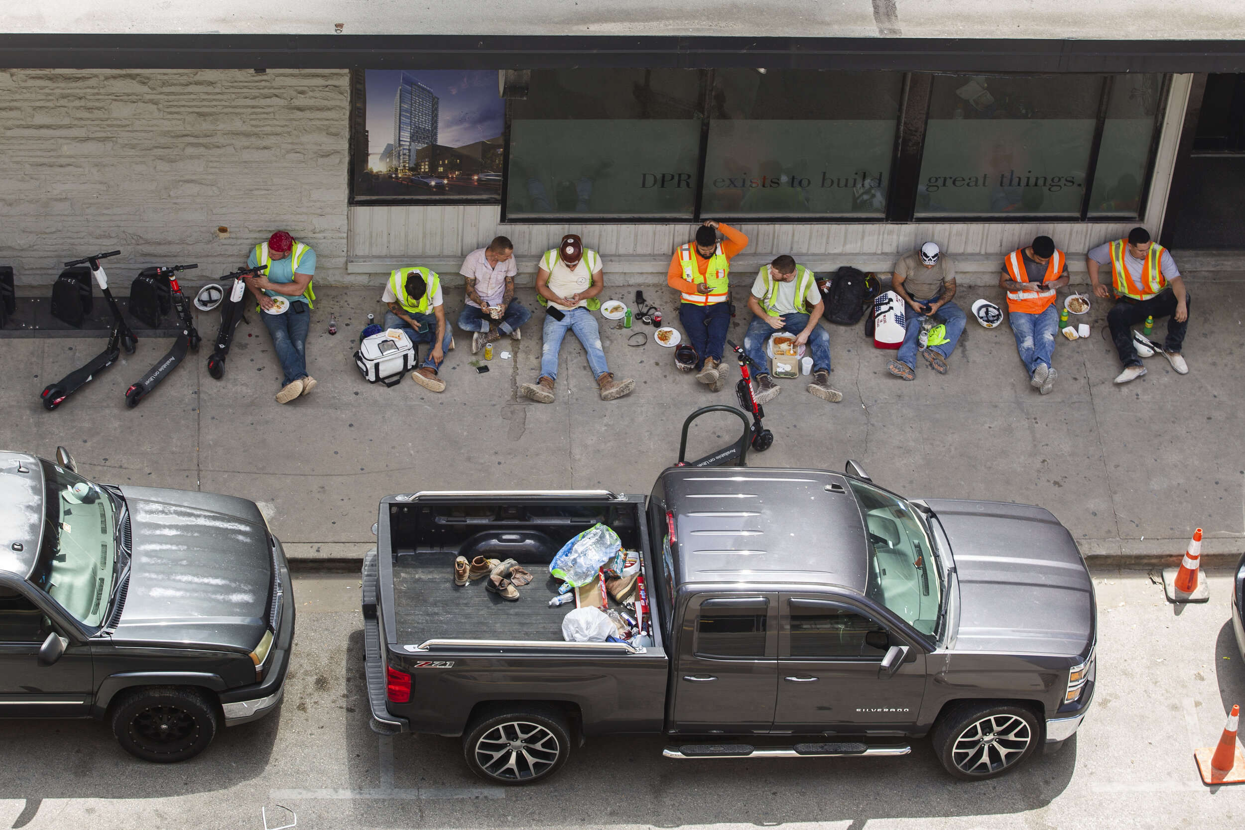  AUSTIN, TX. Construction workers take a lunch break in downtown Austin. 