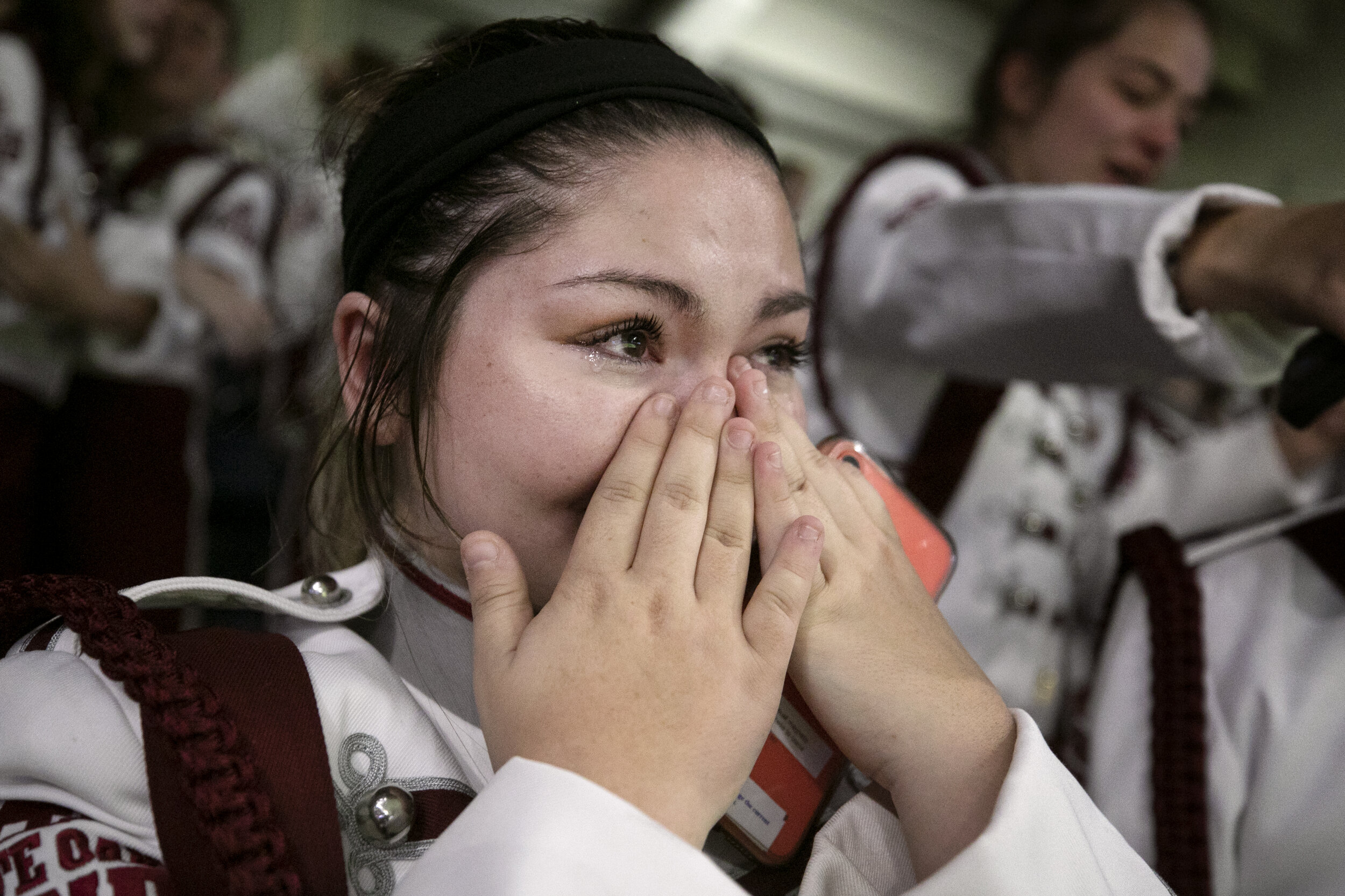  Asia Haddack cries when the White Oak HS makes finals at the UIL State Marching Band competition.&nbsp; 