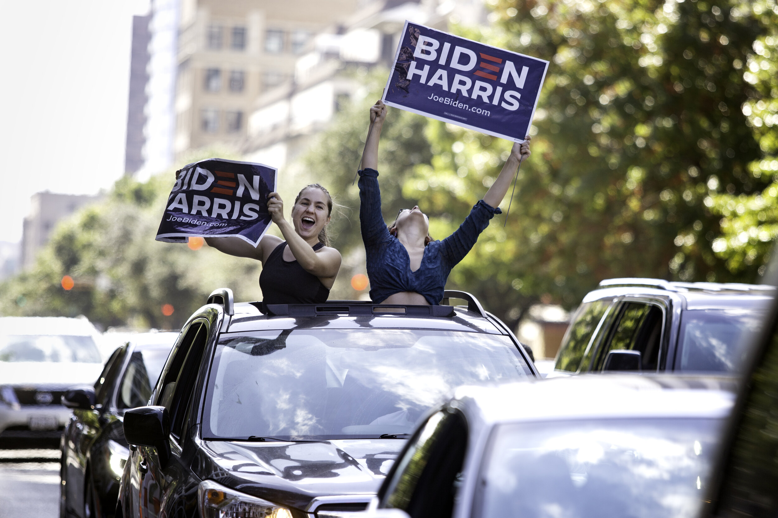  AUSTIN, TX. Nov. 7, 2020. Biden supporters drive down Congress Avenue downtown Austin to celebrate after Joe Biden wins the 2020 presidential election. 