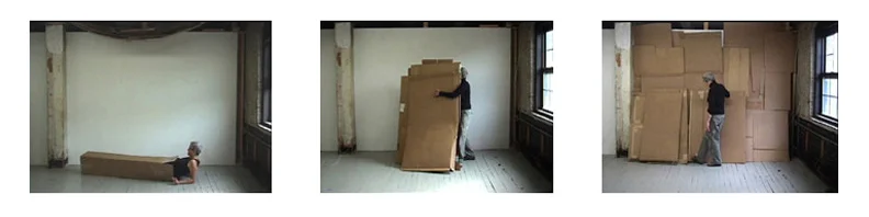 Cardboard Actions , still, detail, 2006, set of three still images from three-channel video and installation, solo exhibition, Carroll and Sons, Boston, MA Cardboard Actions is part installation and part performance. I worked with recycled cardboard through a series of simple, unrehearsed tasks or “actions.” Each action resulted in a temporary sculpture which I observed before moving on to the next action. In this work, I am finding sculptural forms, not through direct, intentional design, but as the result of a simple activity and observation of its result.