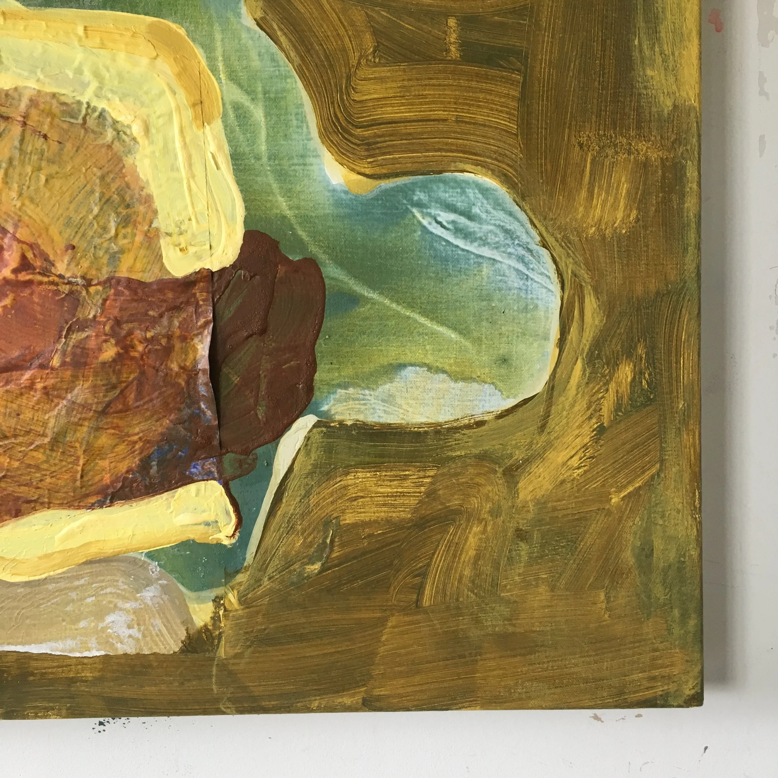 Untitled, detail, 2017, acrylic, wallpaper, cheesecloth, rice paper on canvas, 48" x 30" x 1.5"