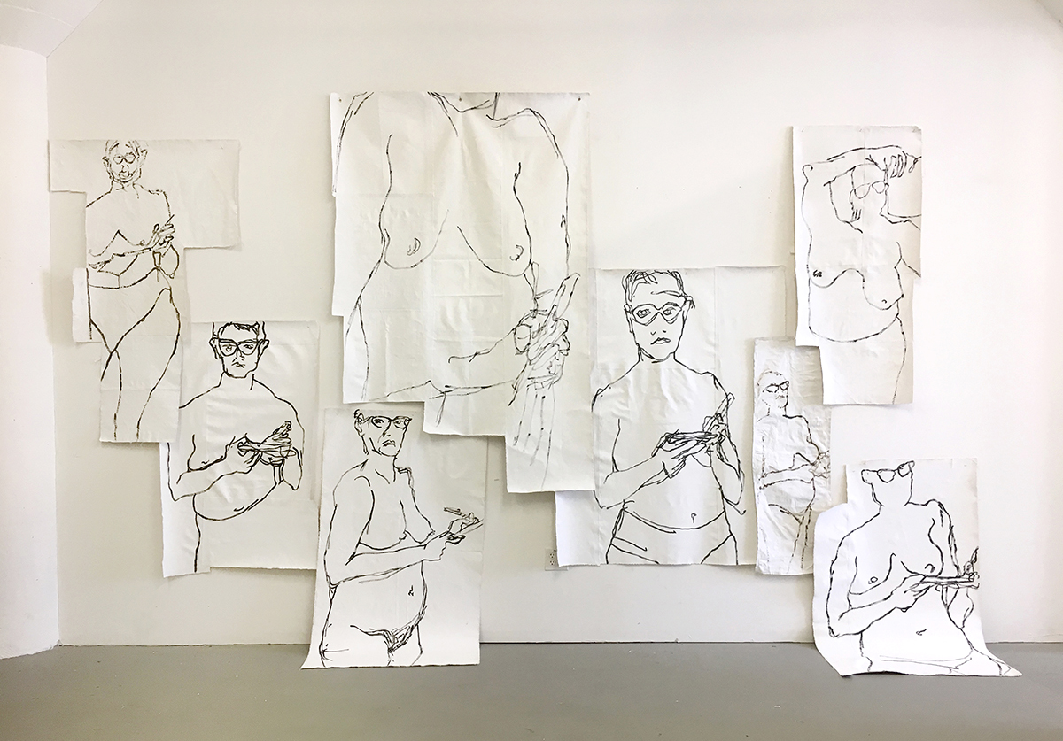 Drawing with acrylic on gessoed unstretched pieced-together canvas