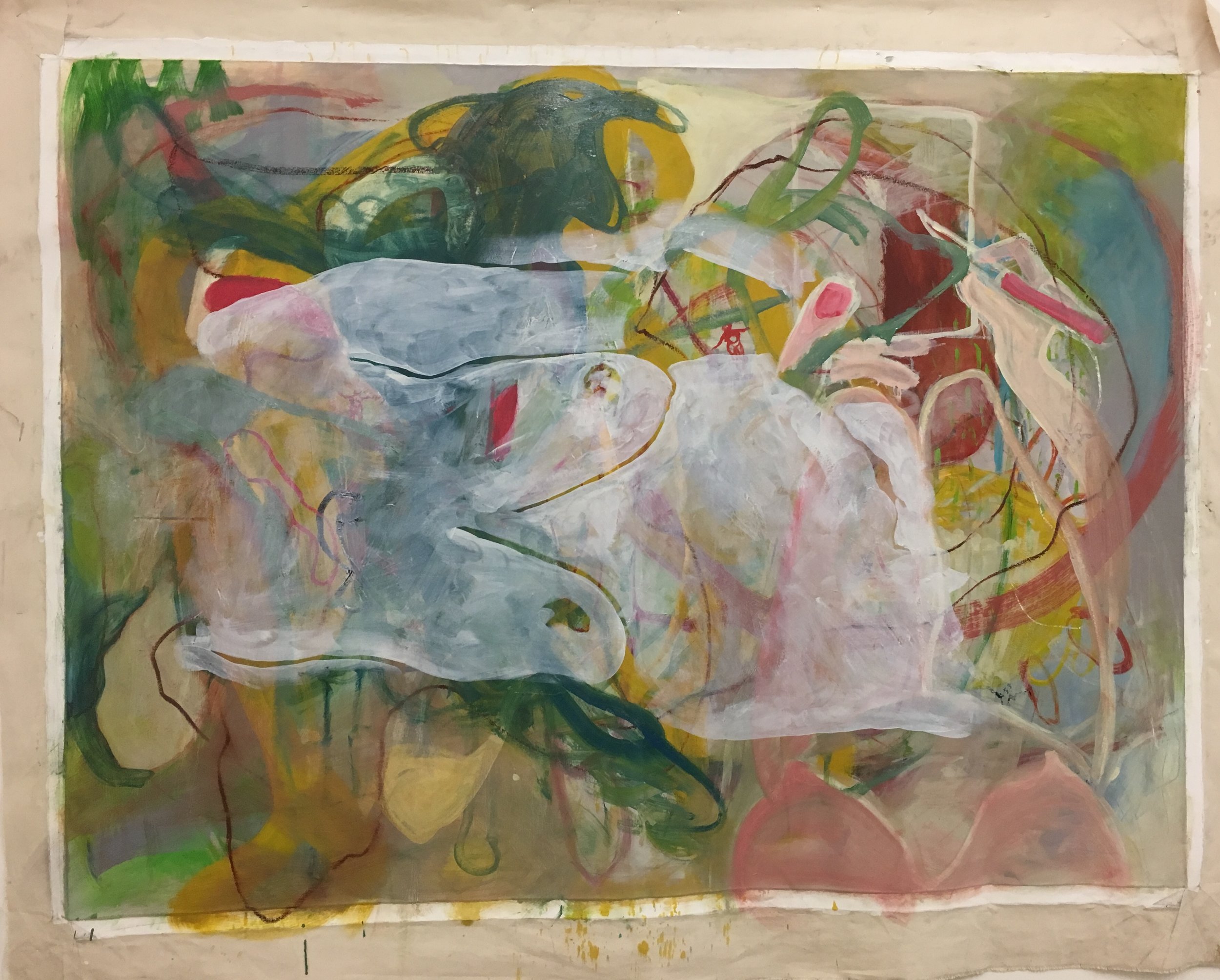 Work-in-Progress: unstretched canvas painting merging with one of the figure drawings. 