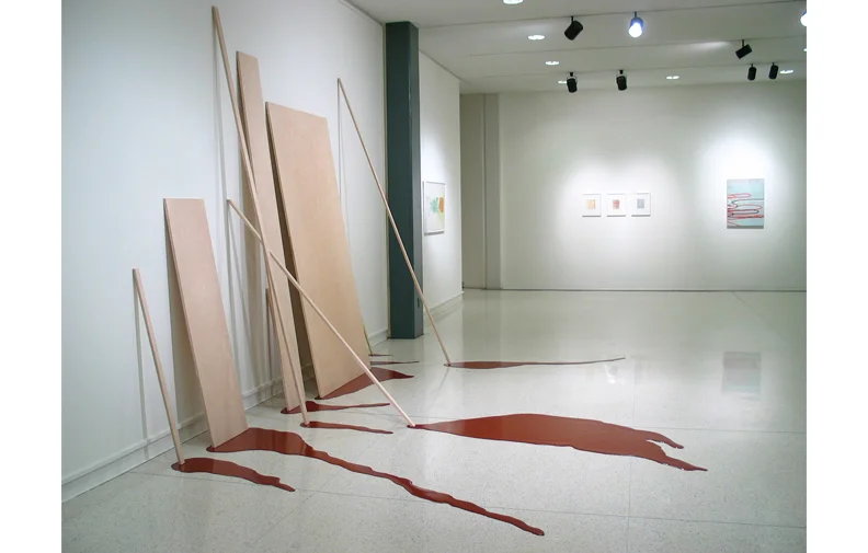 Seep , 2004, birch plywood, latex paint, vinyl, in Seamless exhibition at Memphis College of Art, including Amy Sillman, James Siena, and Dan Devening. Seep is part of the series of poured paint works I created onsite between 2001-2004. This work takes the minimalist forms of the birch plywood and animates them with trails of red paint. The paint is thickly poured latex which sits as a dimensional object on the floor.