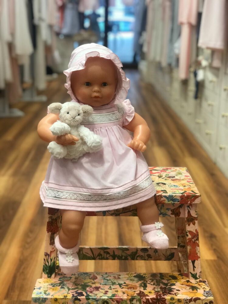 Pink Lace-Trimmed Dress with Matching Bonnet and Bloomer - 3 piece set —  Bonne Nuit