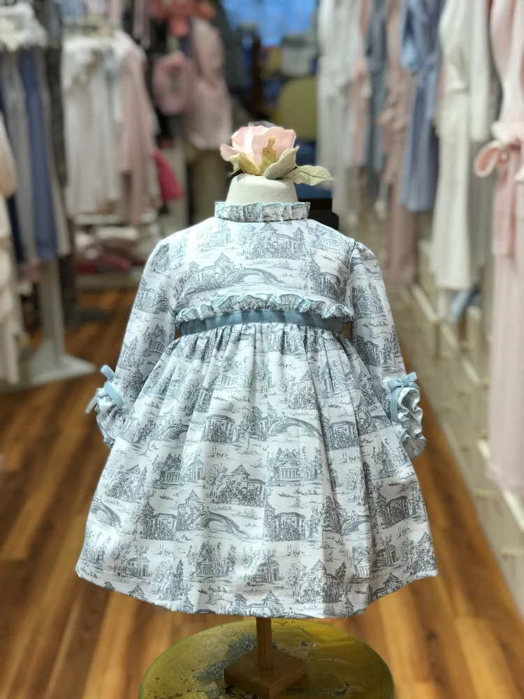 blue toile print dress Blue Toile Ruffled Sleeve Mini Dress - All Dresses