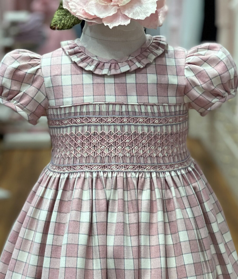 Girls Pink/Ivory Smocked Dress with Ruffle Collar and Back Tie Sash — Bonne  Nuit