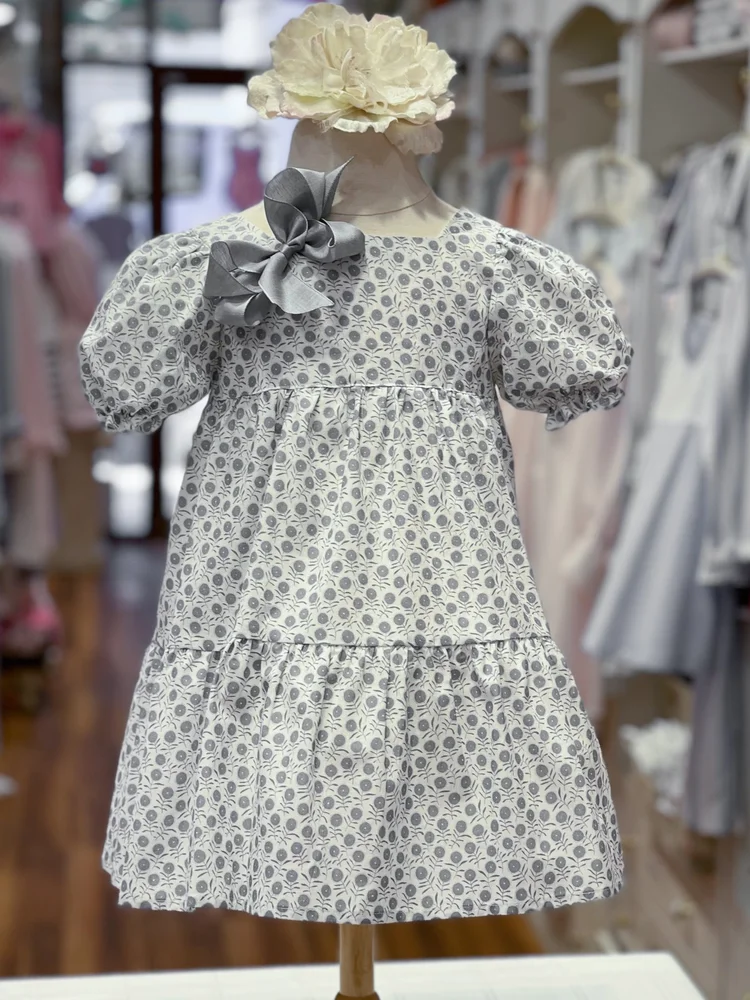 Dusty Blue Floral Puff Sleeve Girls Dress  Bonne Nuit