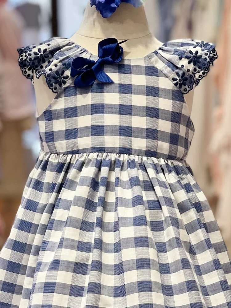 Blue Check with Ruffle Eyelet Dress  Bonne Nuit