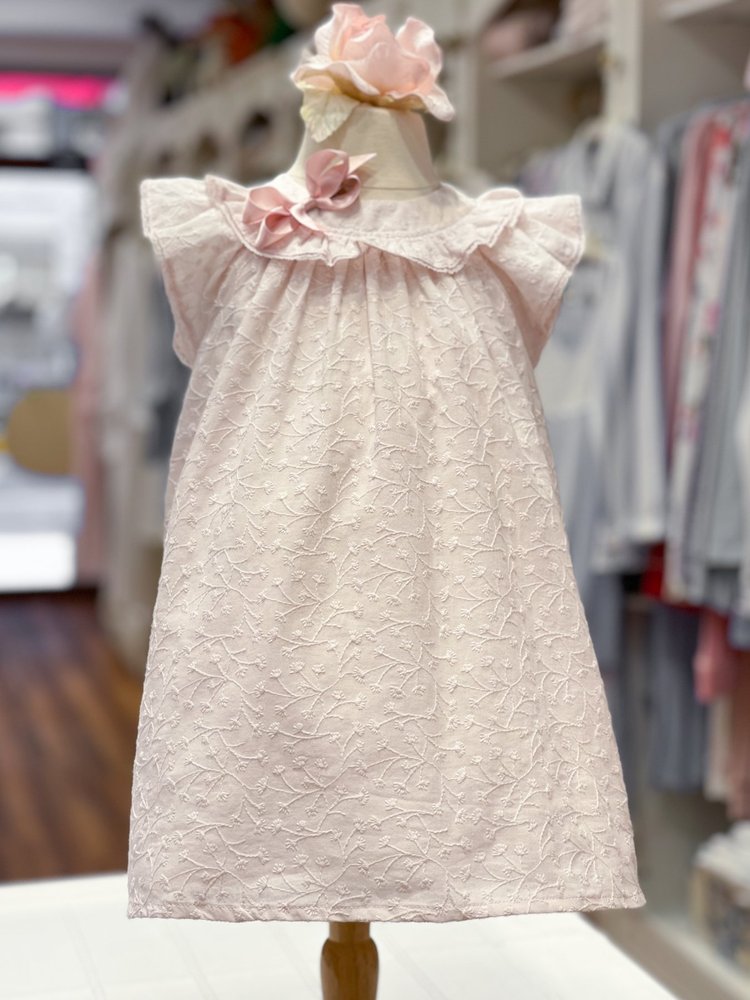 Baby Pink or White Embroidered Daisy Dress with Ruffle Yolk Collar - Main Image