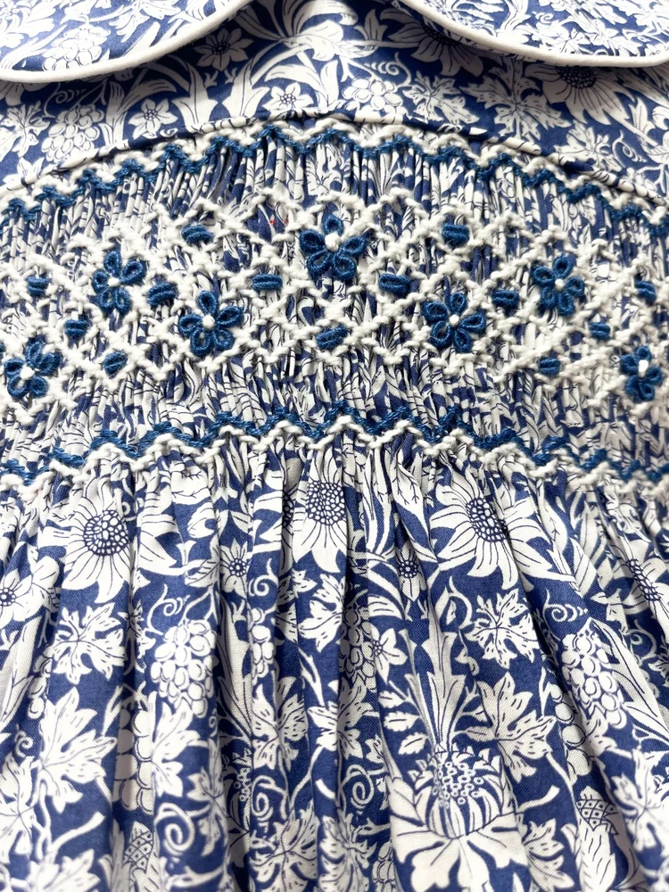 Blue Floral Hand-Smocked Liberty of London Baby Girls Puff Sleeve Dress   Bonne Nuit