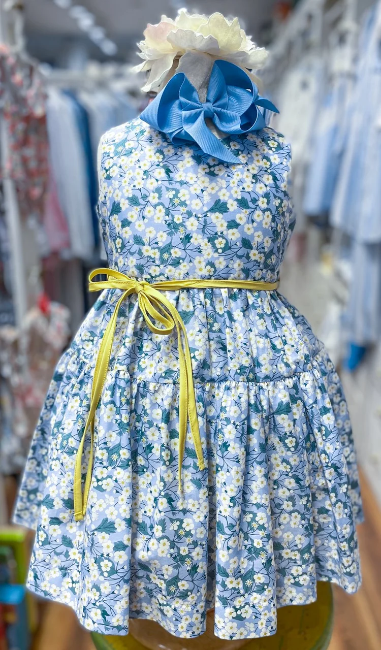 Blue Liberty Tiered Dress with White Floral and Yellow Sash in Tana Lawn Cotton Bonne Nuit Blue Liberty Tiered Dress with White Floral and Yellow Sash in Tana Lawn Cotton Bonne Nuit