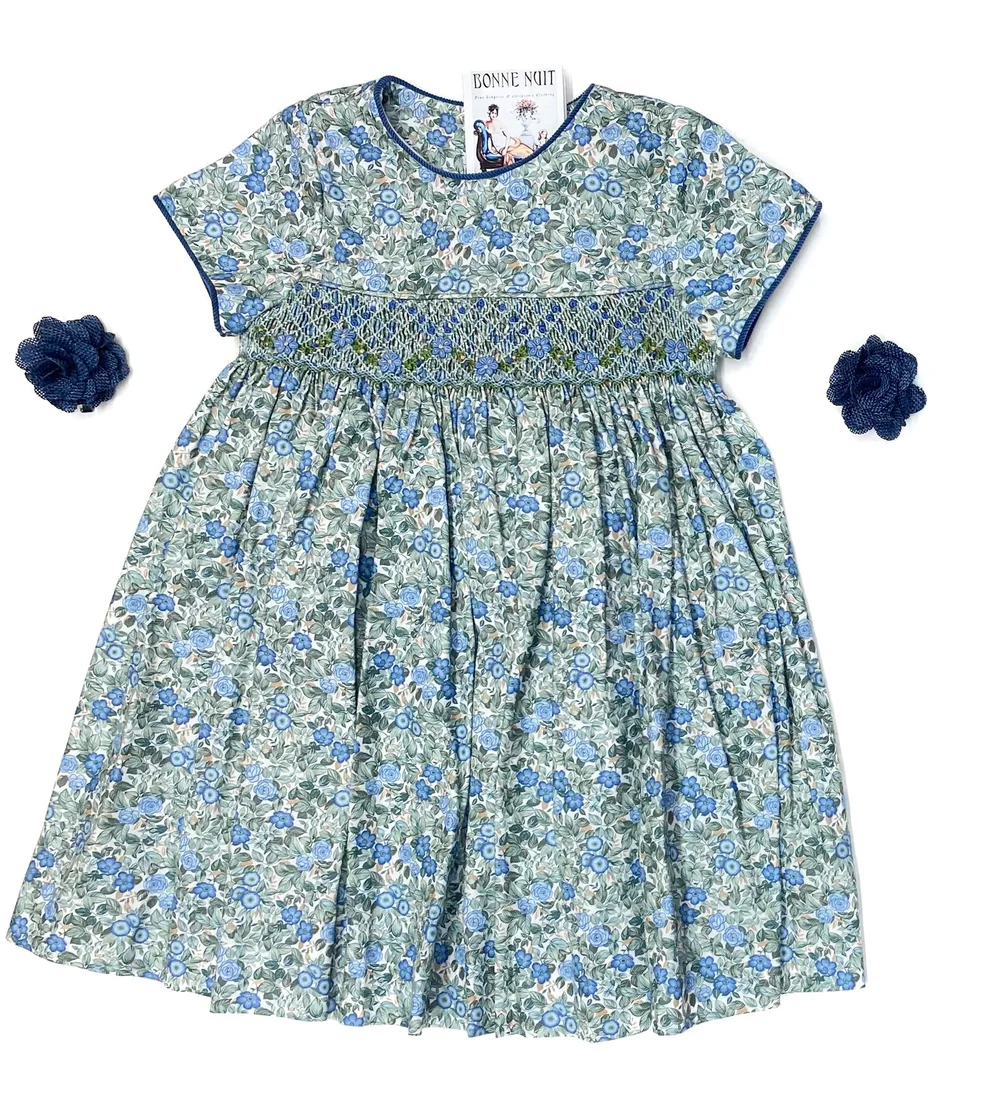 Girls' Cerulean Smocked Dress with Piping  Bonne Nuit
