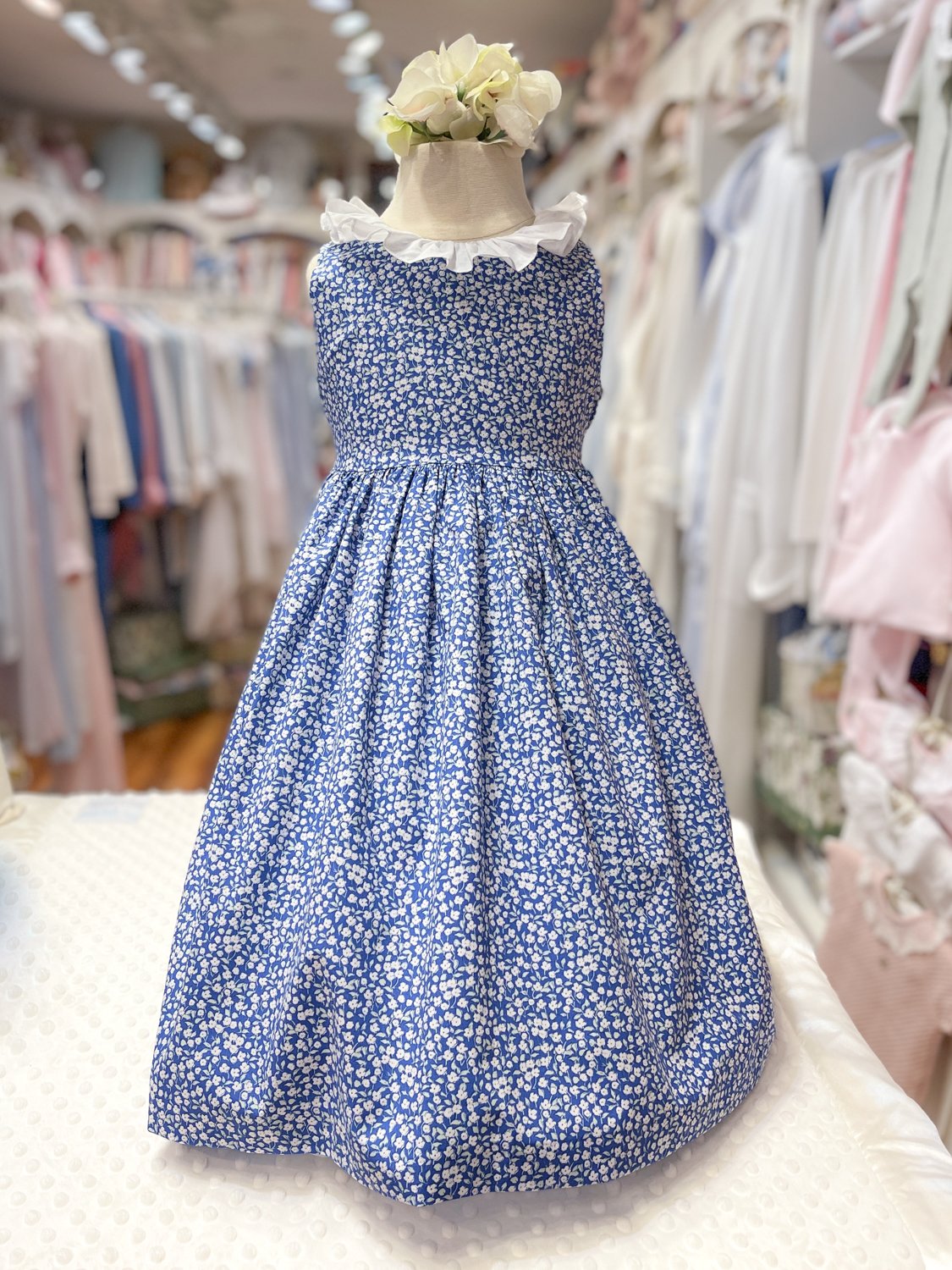 Blue Tiny Floral Sleeveless Dress with White Ruffle Collar