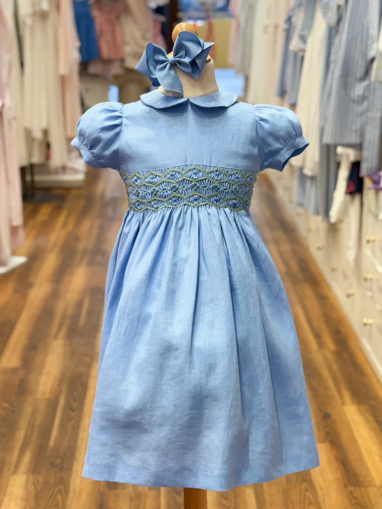 100% Linen Hand-Smocked Dress in Blue  Bonne Nuit