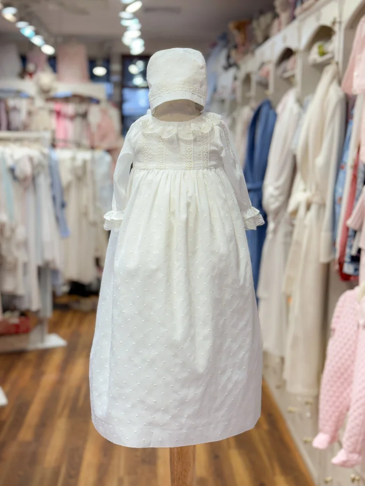 Swiss Dot Christening Gown with Lace Detail and Bonnet  Bonne Nuit