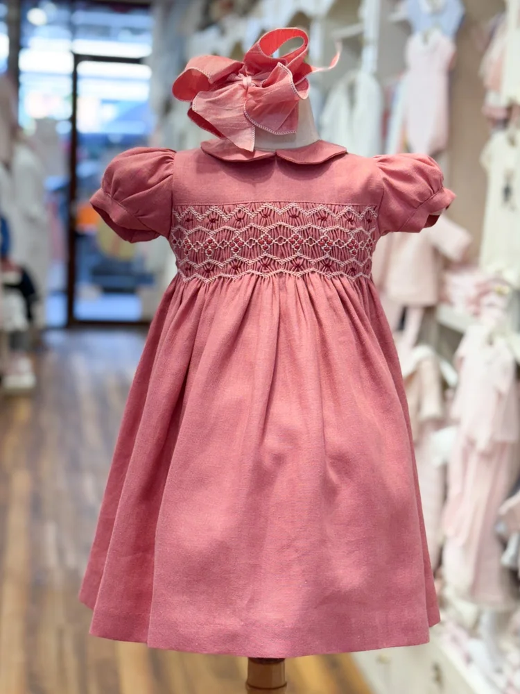 100% Linen Hand-Smocked Dress in Dusty Rose  Bonne Nuit