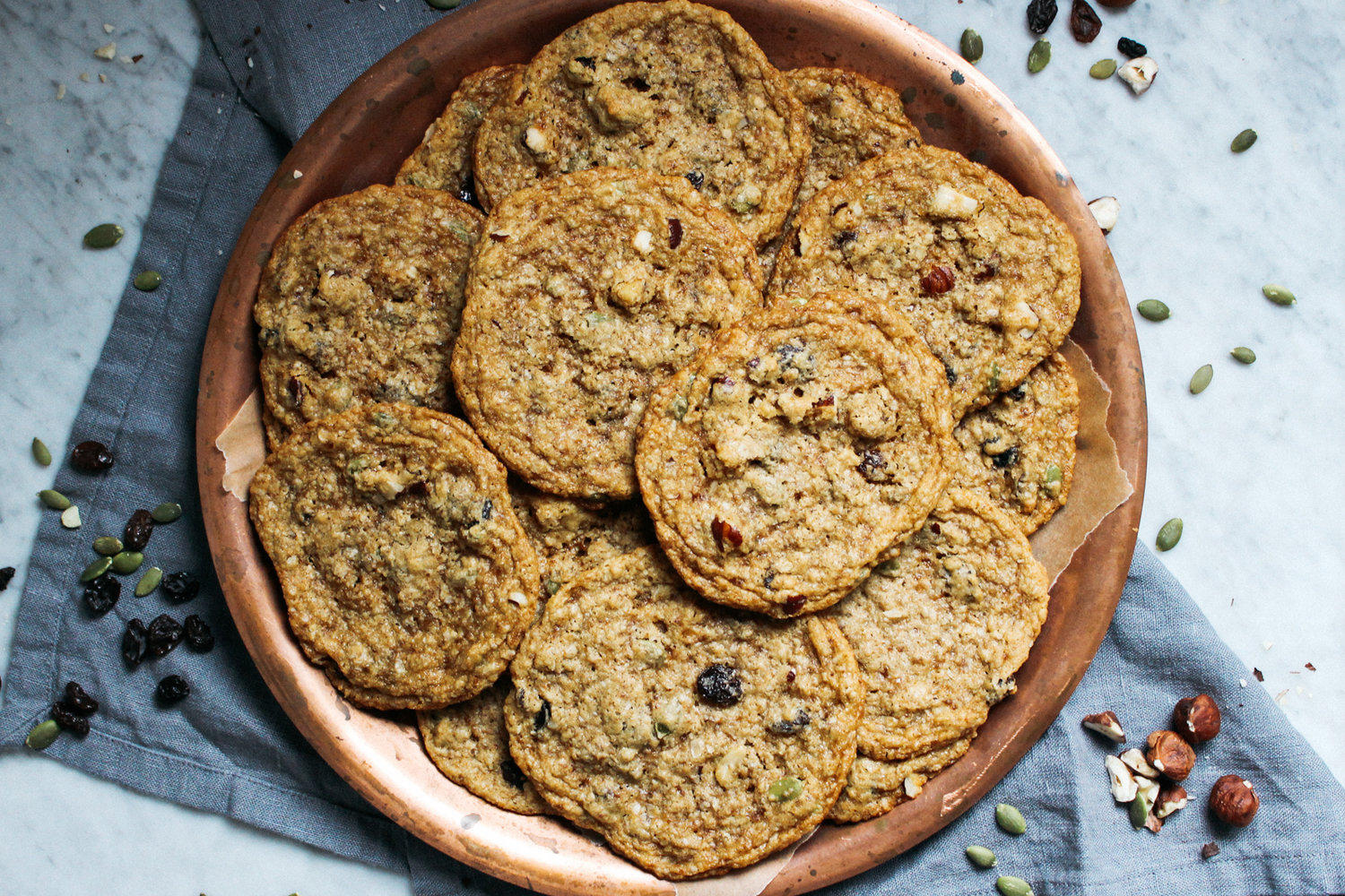 Chewy Oatmeal Raisin Cookies with Hazelnuts + Pumpkin Seeds