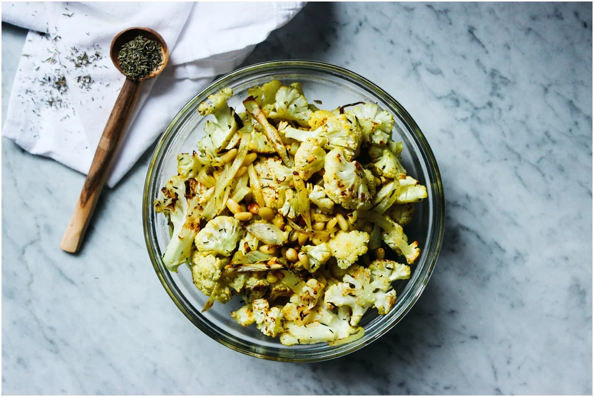 Roasted Cauliflower with Pine Nuts + Onions