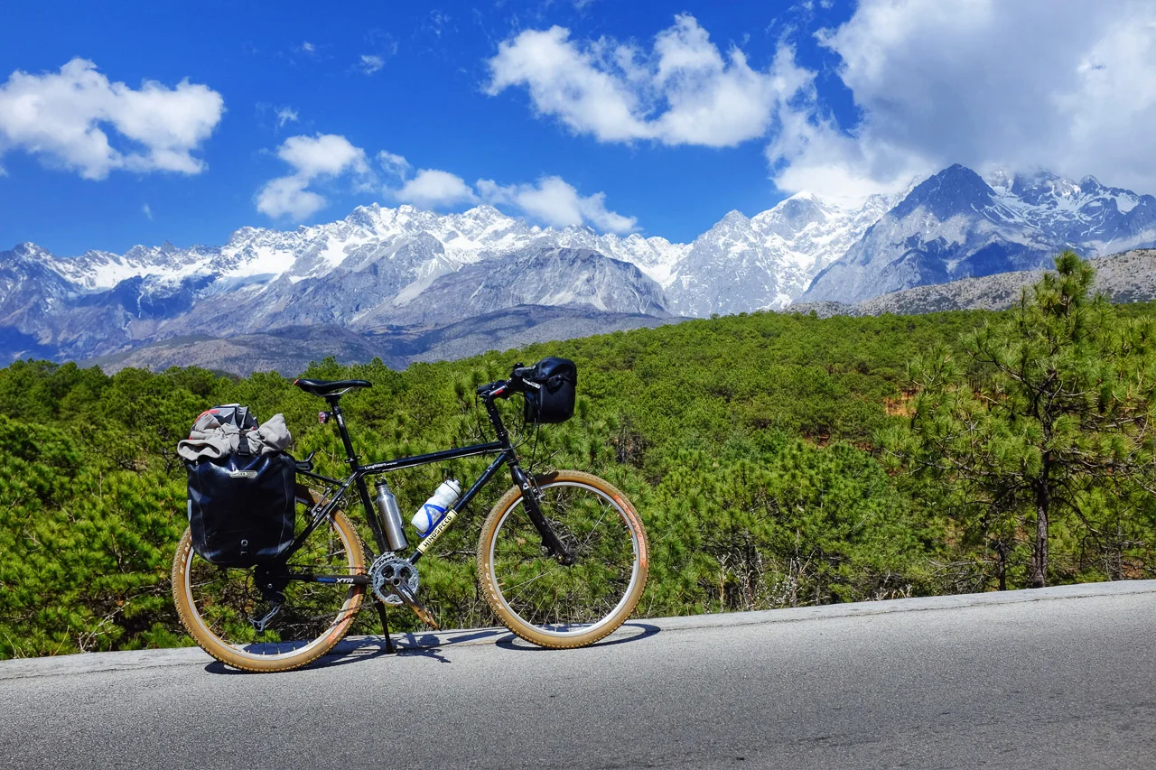 Cycling along the east side of Jade Dragon mountain.