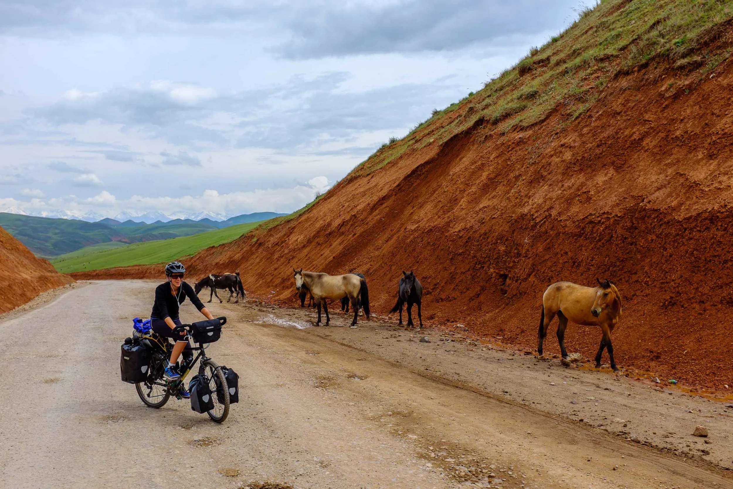 Erica turning some equine heads on the way to Naryn