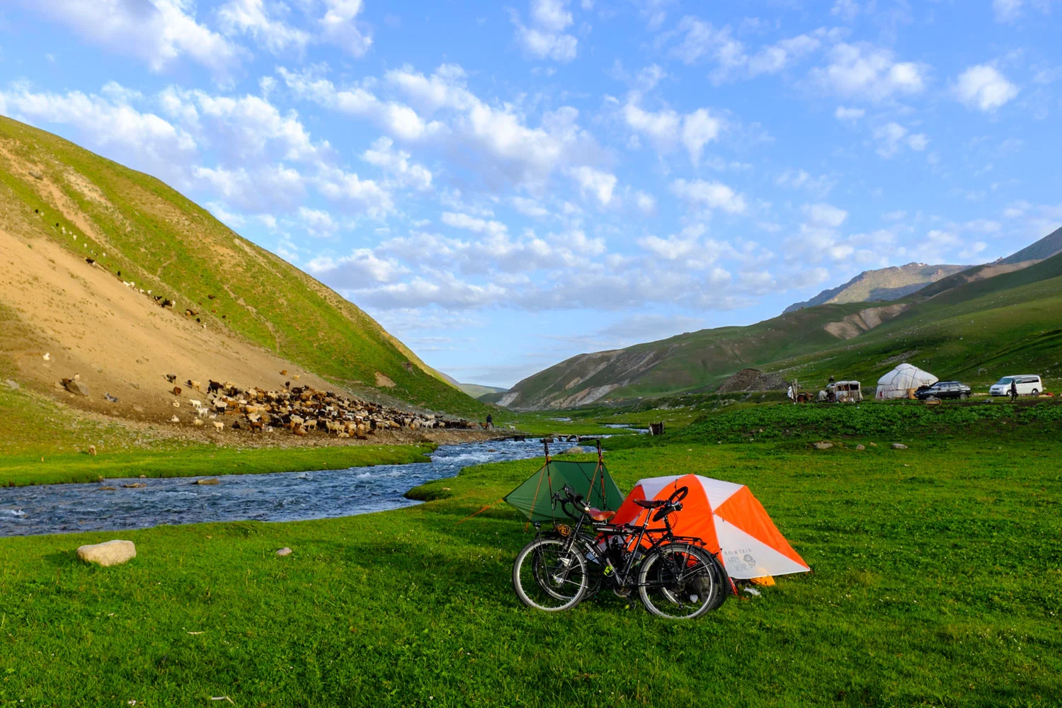 Our tent, our neighbor's yurt, and their herd of sheep