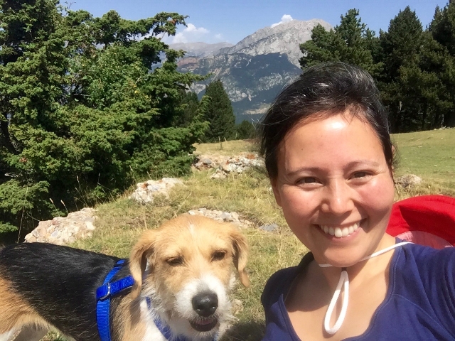 Mini and me at the top of Coll de Portet, with Pedraforca in the background, just north of us.