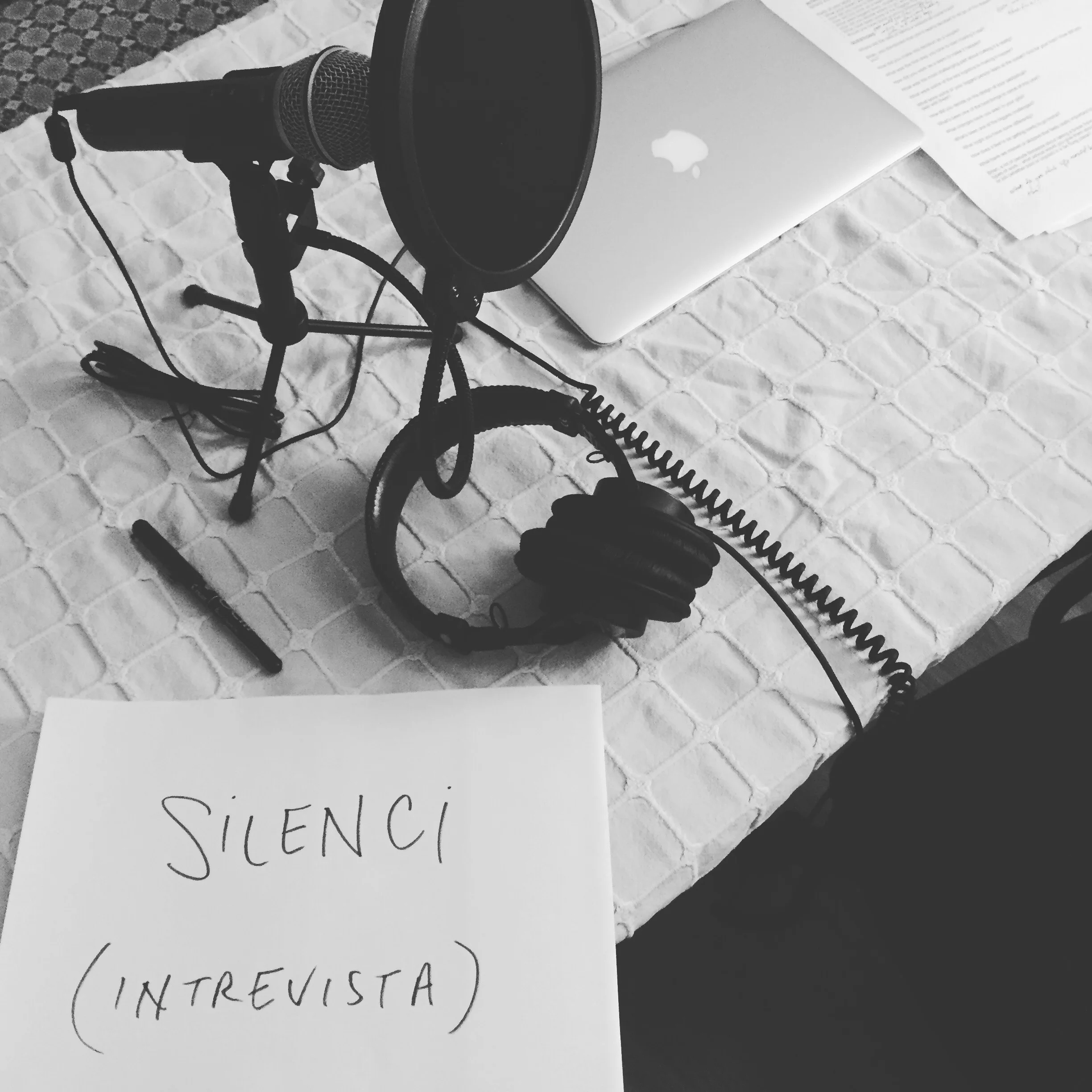 My beginning set up, complete with a door sign in Catalan (misspelling “entrevista”) to alert my patient and understanding family that they needed to tip-toe around my home office when I was recording.