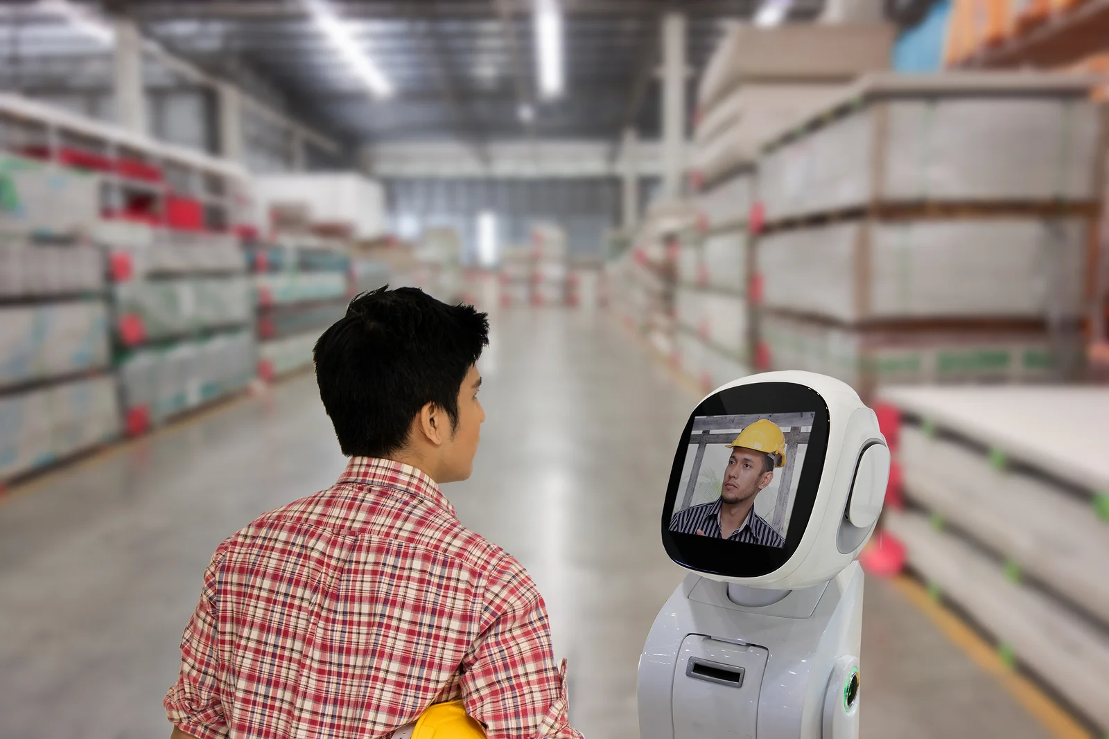 Worker interacting with robot and artificial intelligence
