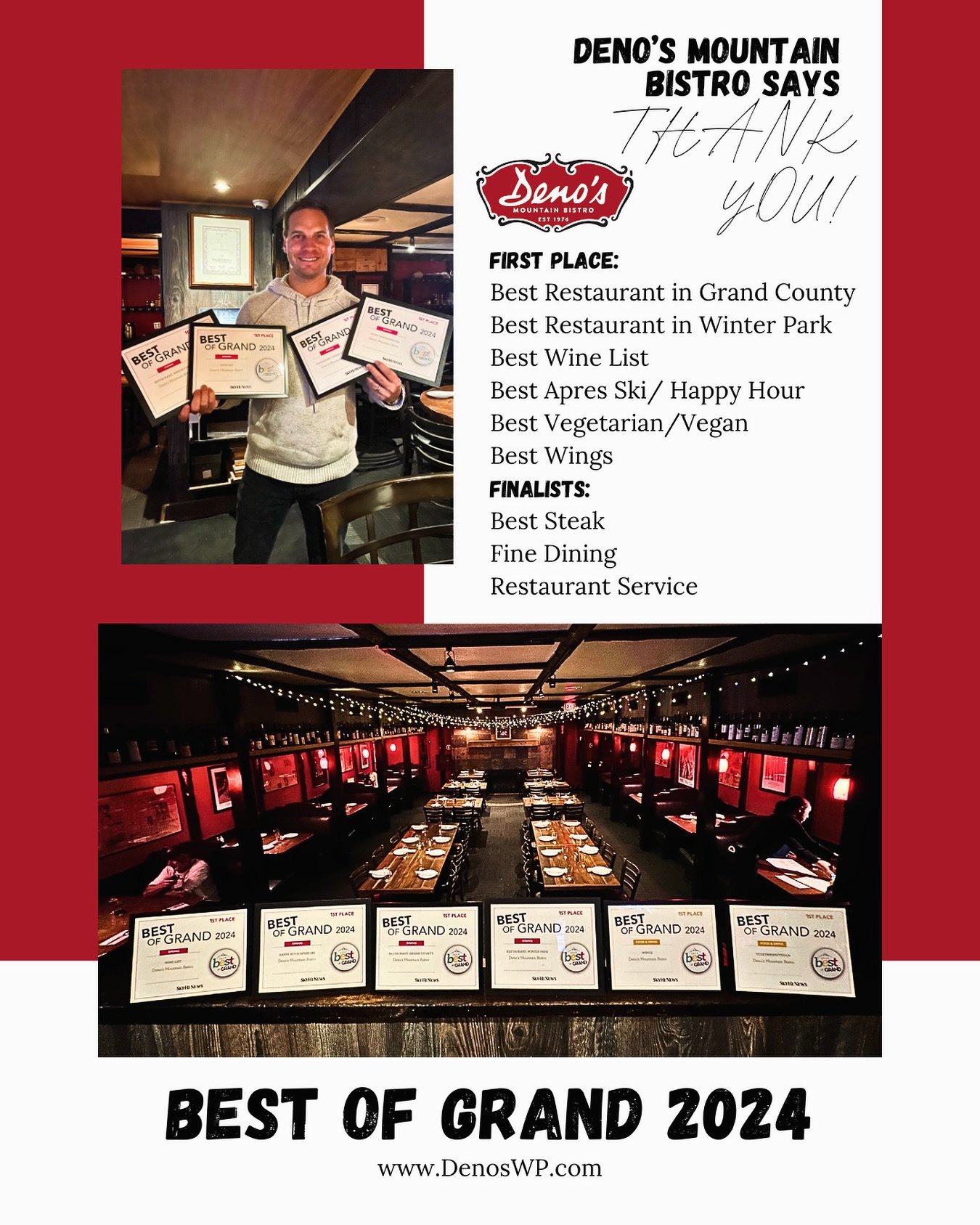 🎉 Wow, what an incredible honor! We&rsquo;re beyond grateful to announce that Deno&rsquo;s Mountain Bistro has snagged the First Place awards for Best Restaurant in Grand County, Best Restaurant in Winter Park, Best Wine List, Best Apres Ski/Happy H