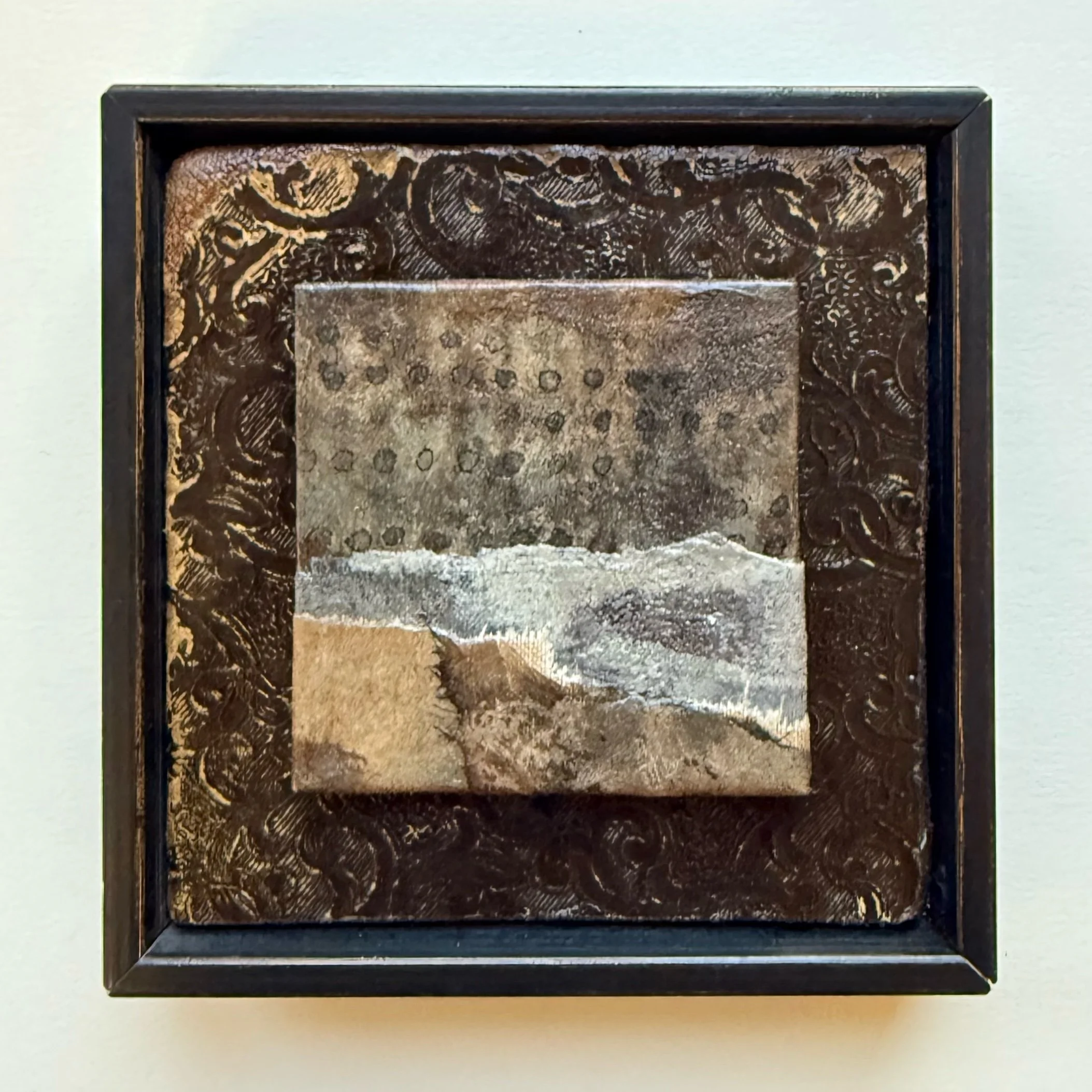  MIXED MEDIA MOUNTED ON A VINTAGE BOOK  4” x 4”  $130 